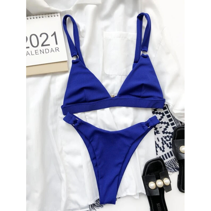 Rib Ring Linked High Cut Bikini Swimsuit Women's Lingerie Royal Blue S - DailySale