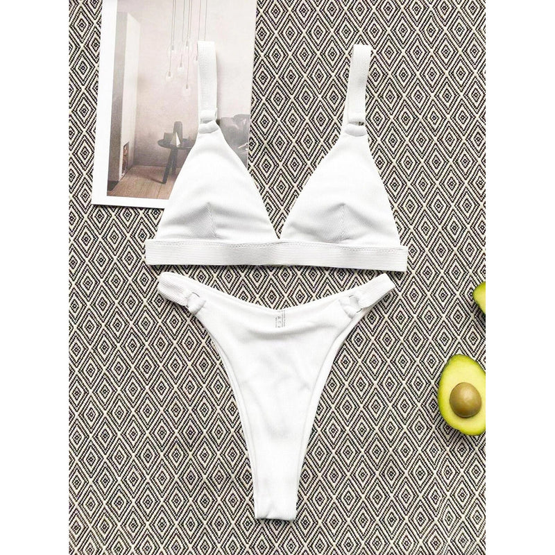 Rib Ring Linked High Cut Bikini Swimsuit Women's Lingerie White S - DailySale
