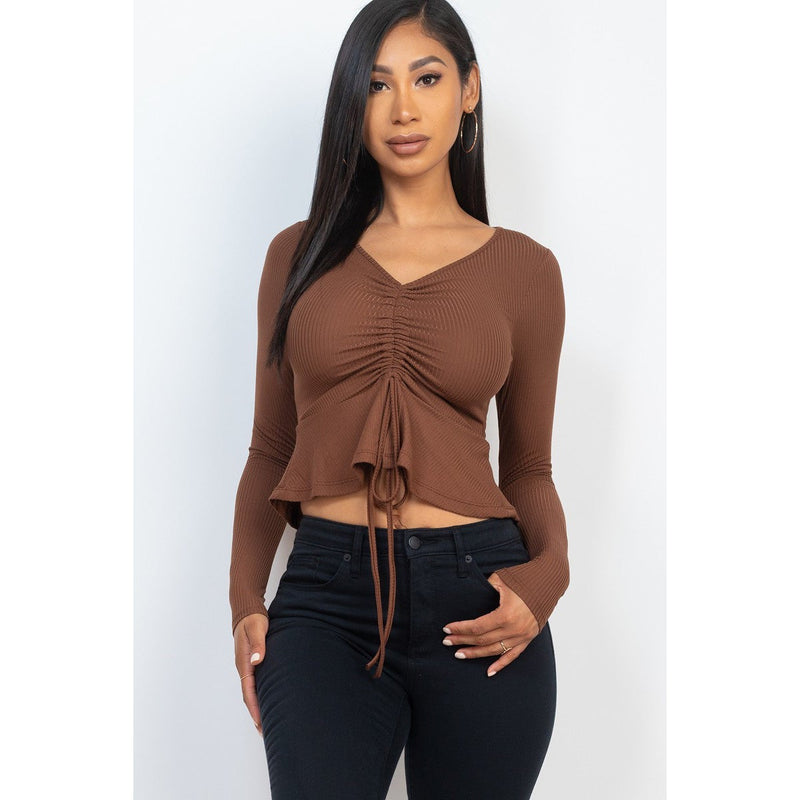 Ribbed Drawstring Front Long Sleeve Peplum Top Women's Tops Brown S - DailySale