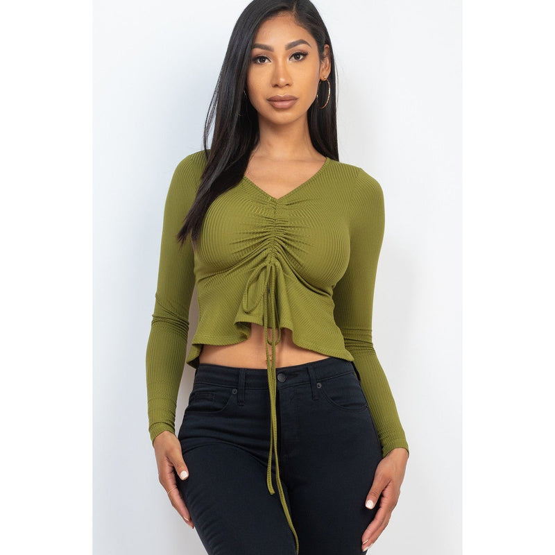 Ribbed Drawstring Front Long Sleeve Peplum Top Women's Tops Olive S - DailySale
