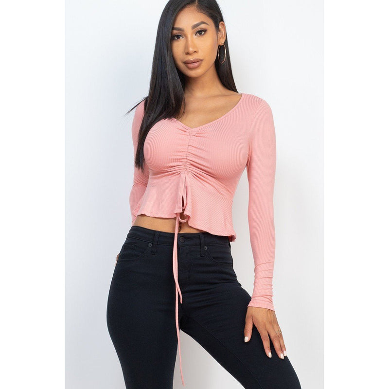 Ribbed Drawstring Front Long Sleeve Peplum Top Women's Tops Pink S - DailySale