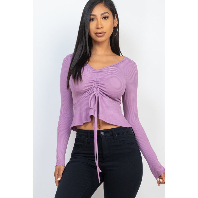Ribbed Drawstring Front Long Sleeve Peplum Top Women's Tops Purple S - DailySale