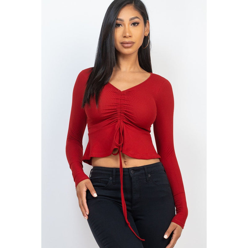 Ribbed Drawstring Front Long Sleeve Peplum Top Women's Tops Red S - DailySale