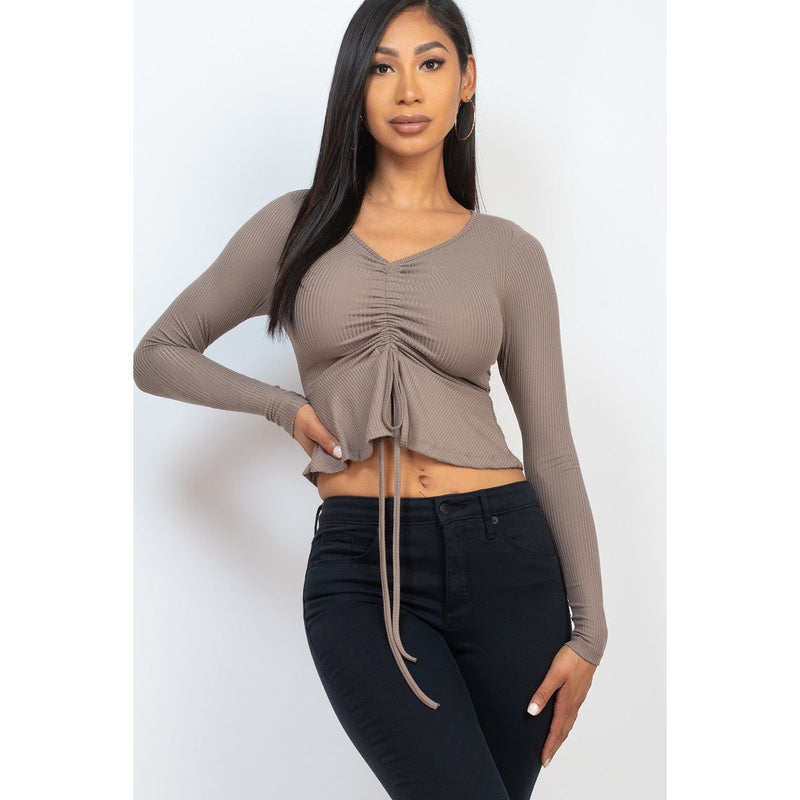 Ribbed Drawstring Front Long Sleeve Peplum Top Women's Tops Taupe S - DailySale