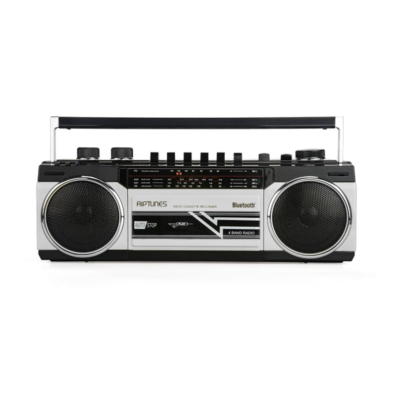 Riptunes Retro Radio Cassette Bluetooth Boombox Headphones & Speakers Silver - DailySale