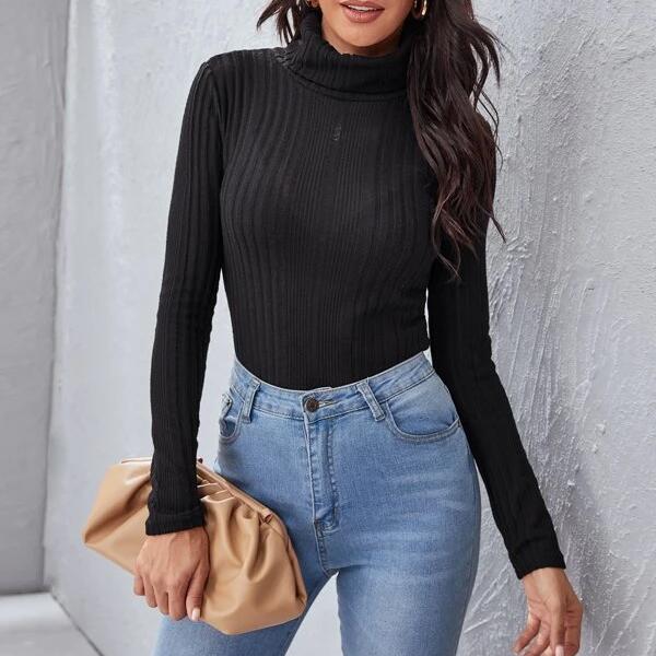Rolled Neck Rib-knit Tee Women's Tops - DailySale