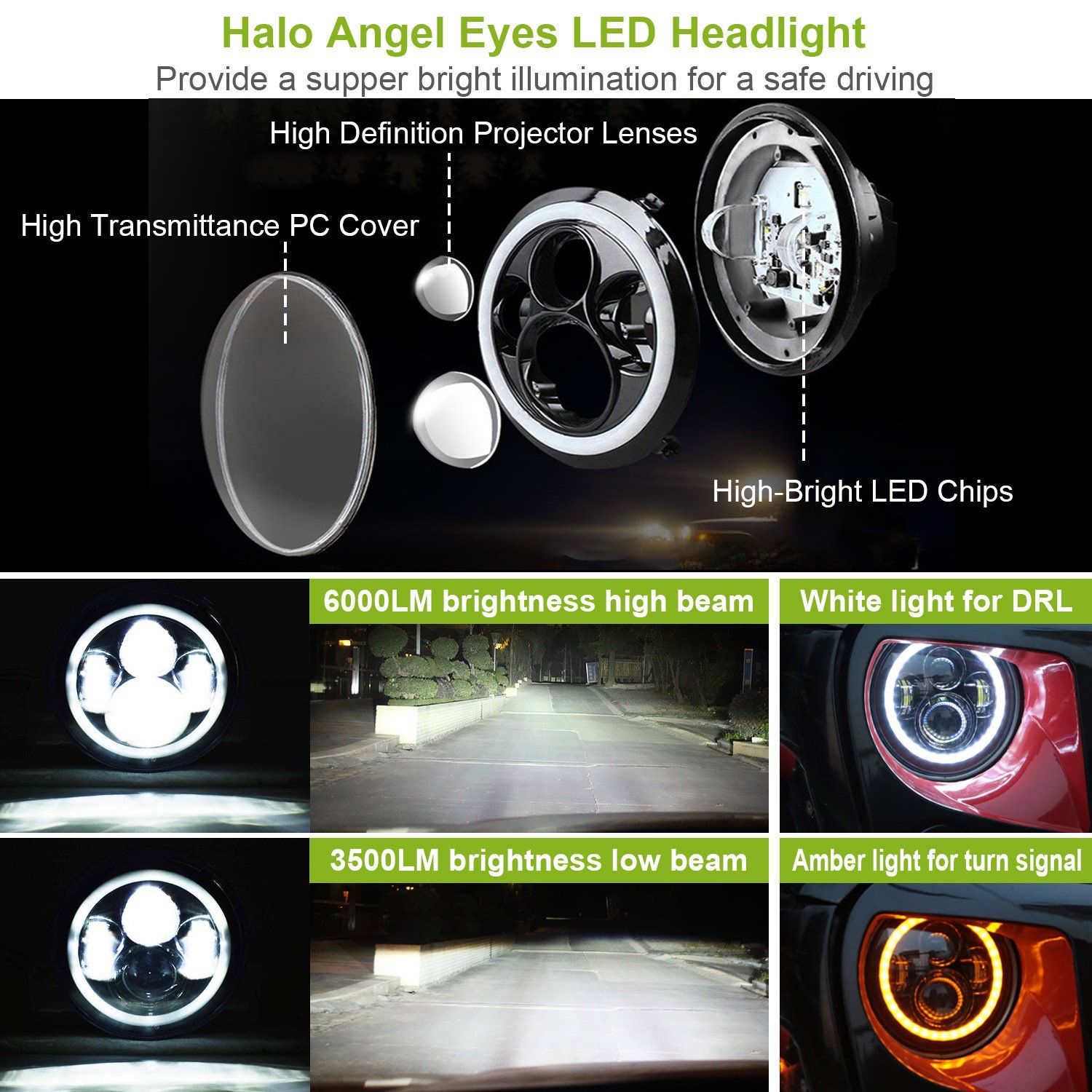 Round LED Headlight Halo Angel Eyes for Jeep Wrangler Automotive - DailySale