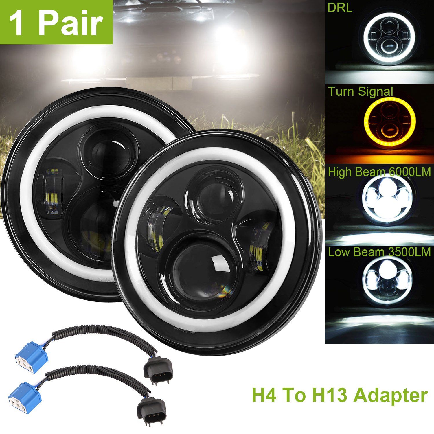 Round LED Headlight Halo Angel Eyes for Jeep Wrangler Automotive - DailySale