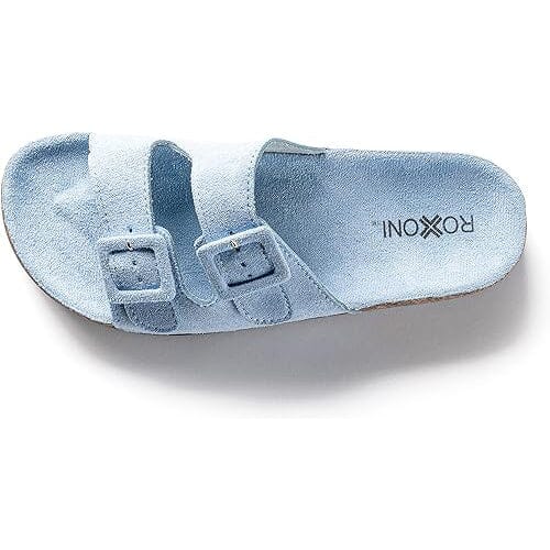 Roxoni Women Comfort Sandals Double Buckle Adjustable EVA Flat Slides Footbed Suede with Arch Support Non-Slip
