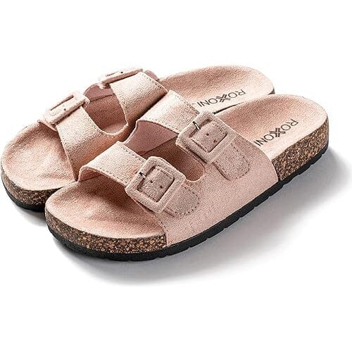 Roxoni Women Comfort Sandals Double Buckle Adjustable EVA Flat Slides Footbed Suede with Arch Support Non-Slip