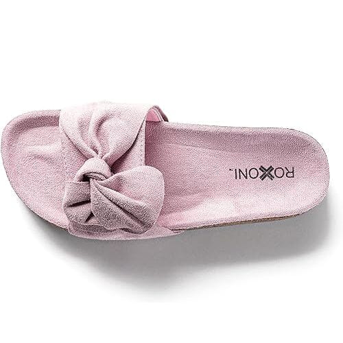 Roxoni Women Comfort Sandals Ribbon Bow Top EVA Flat Slides Footbed Suede with Arch Support Non-Slip