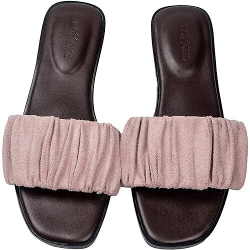 Roxoni Women’s Ruched Fabric Slide Sandals Open Toe Flat Sandals with Heel Cushion