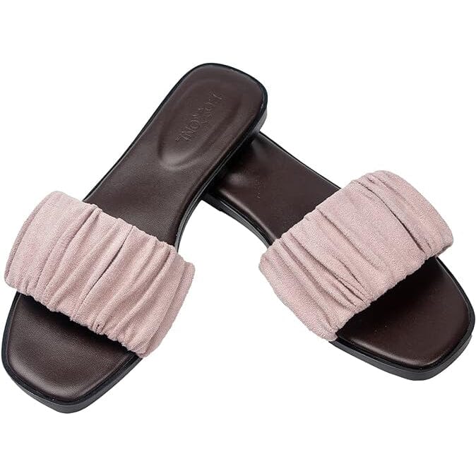 Roxoni Women’s Ruched Fabric Slide Sandals Open Toe Flat Sandals with Heel Cushion