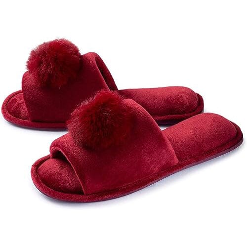 Roxoni Women’s Slippers Lovely Velvet Pom-Pom Open Toe House Slides Women's Shoes & Accessories Wine 6-7 - DailySale