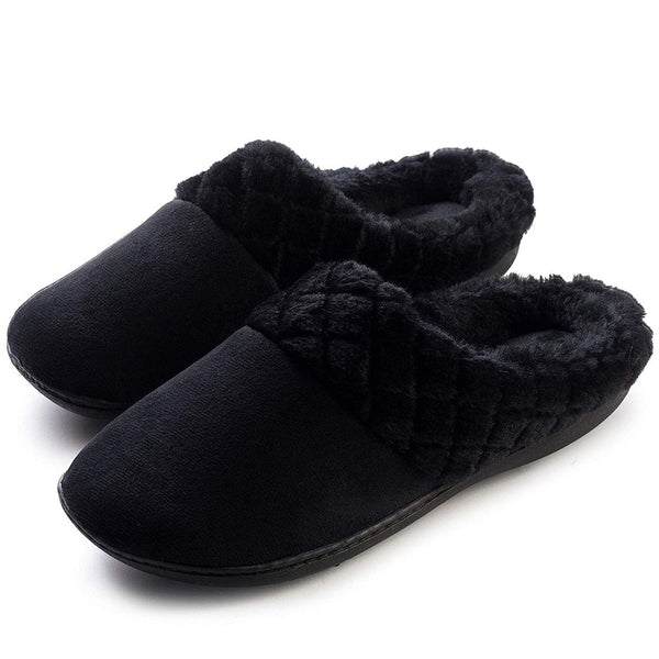 Roxoni Women’s Velour Slippers Memory Foam Clog Quilted Faux Fur Collar Women's Shoes & Accessories Black 5-6.5 - DailySale