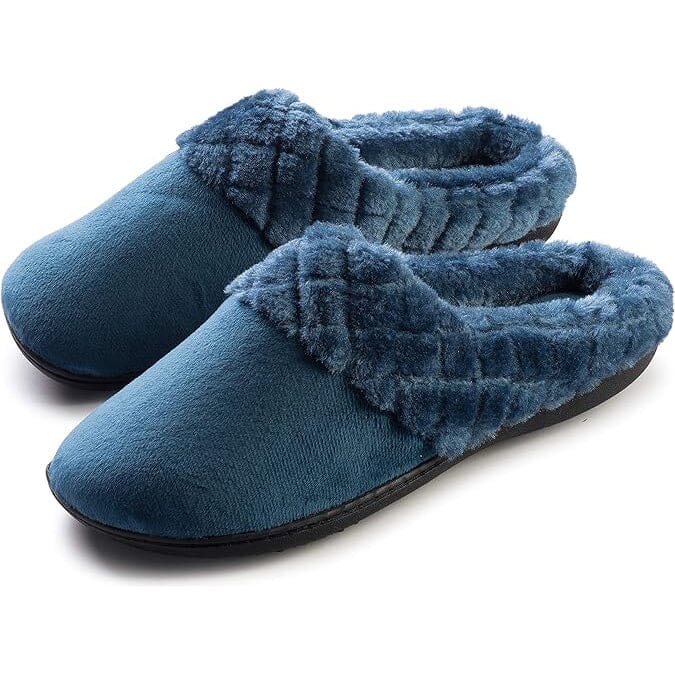 Roxoni Women’s Velour Slippers Memory Foam Clog Quilted Faux Fur Collar Women's Shoes & Accessories Blue 5-6.5 - DailySale