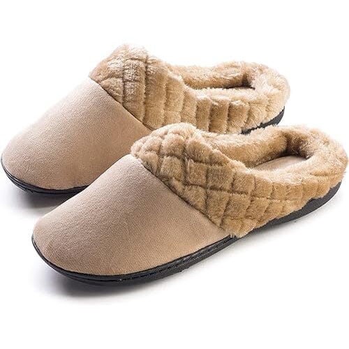 Roxoni Women’s Velour Slippers Memory Foam Clog Quilted Faux Fur Collar Women's Shoes & Accessories Tan 5-6.5 - DailySale