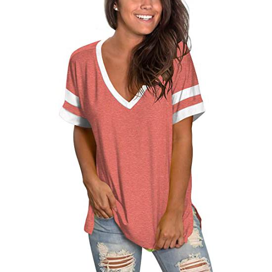 SAMPEEL Womens Tops Striped Short Sleeve V Neck Tee T Shirts Women's Clothing Coral S - DailySale