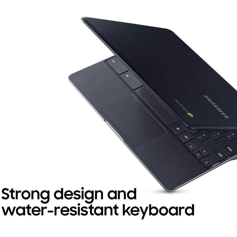 View of a partially opened Samsung 11.6" Chromebook XE500C13 Series 3 2GB 16GB (Refurbished) over a white background