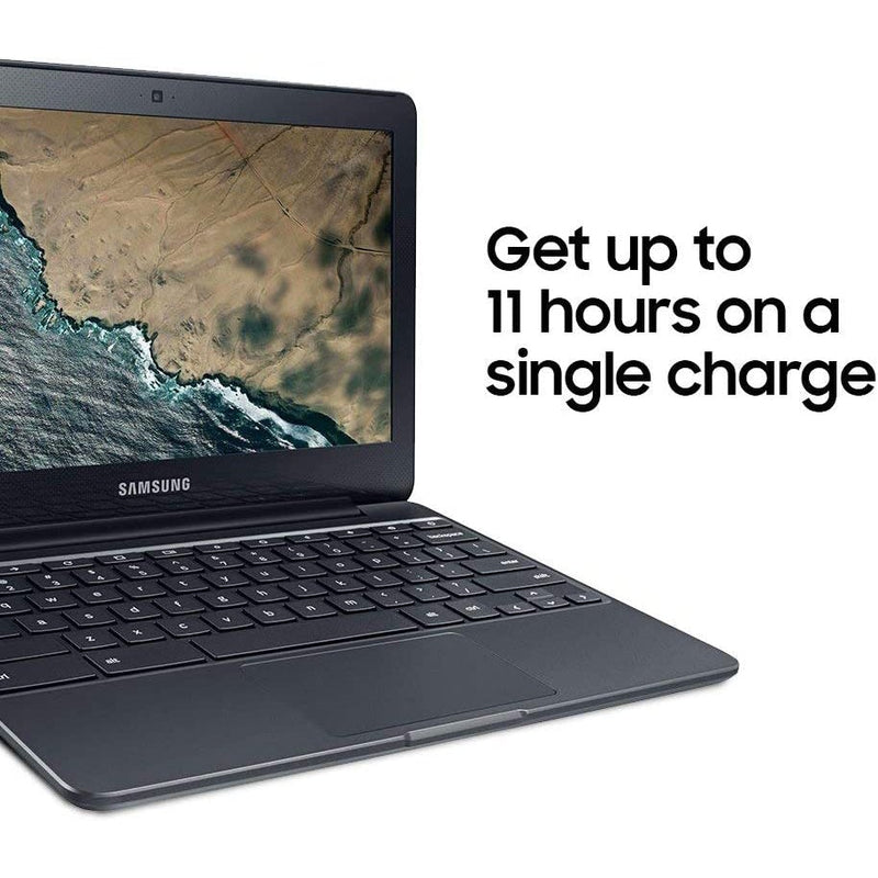 Left angle view of a Samsung 11.6" Chromebook XE500C13 Series 3 2GB 16GB (Refurbished) over a white background showing hours of use on a single charge