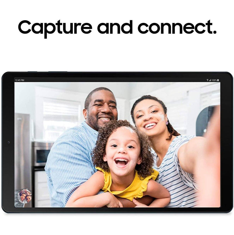 Front view of Samsung Galaxy Tab Wifi Tablet, picture of two adults and their child, "Capture and connect." text at top of screen