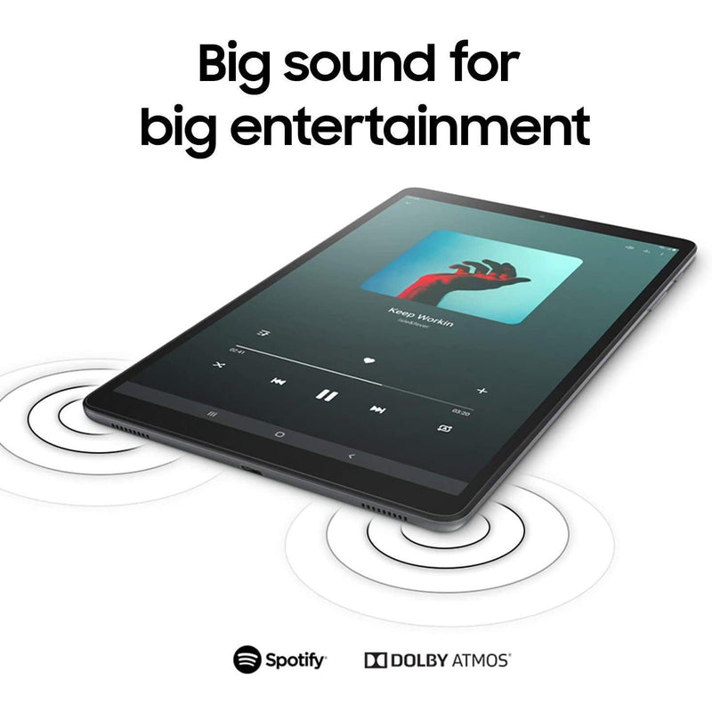 Samsung Galaxy Tab Wifi Tablet lying flat, open to Spotify, "Big sound for big entertainment" text at top of screen