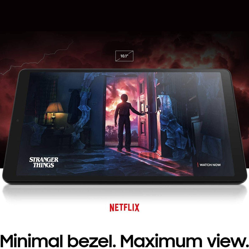 Front view of Samsung Galaxy Tab Wifi Tablet, showing Stranger Things tv show on Netflix, "Minimal bezel. Maximum view." text on bottom of screen 