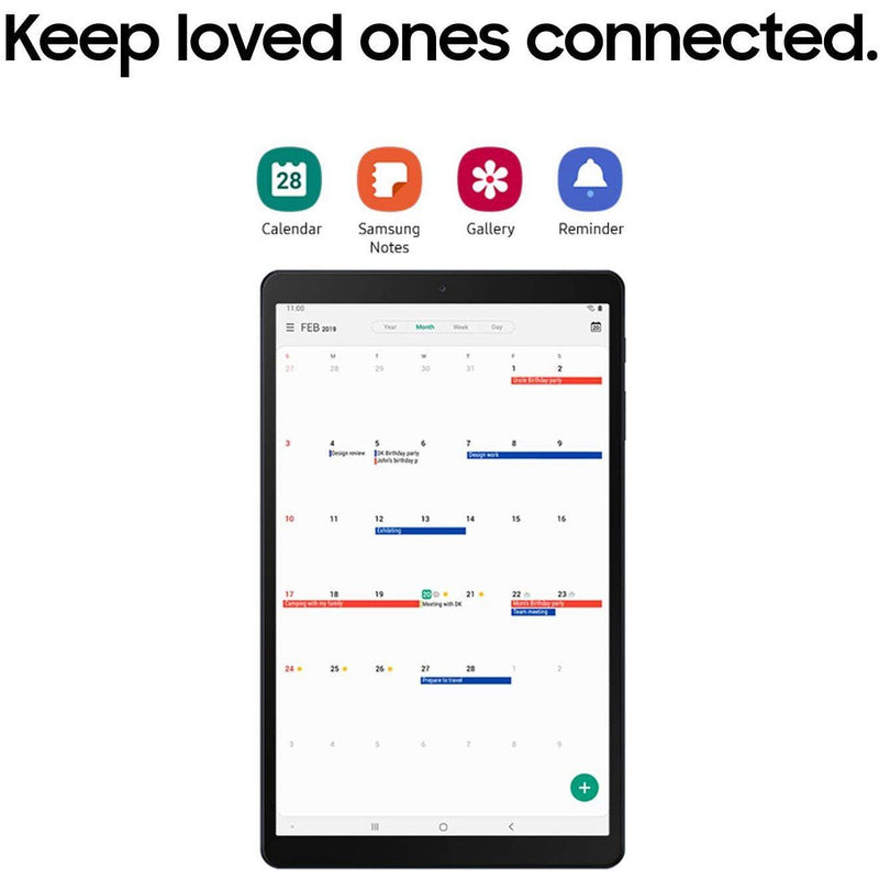 Front view of Samsung Galaxy Tab Wifi Tablet, open to a calendar, "Keep loved ones connected." text at top of screen