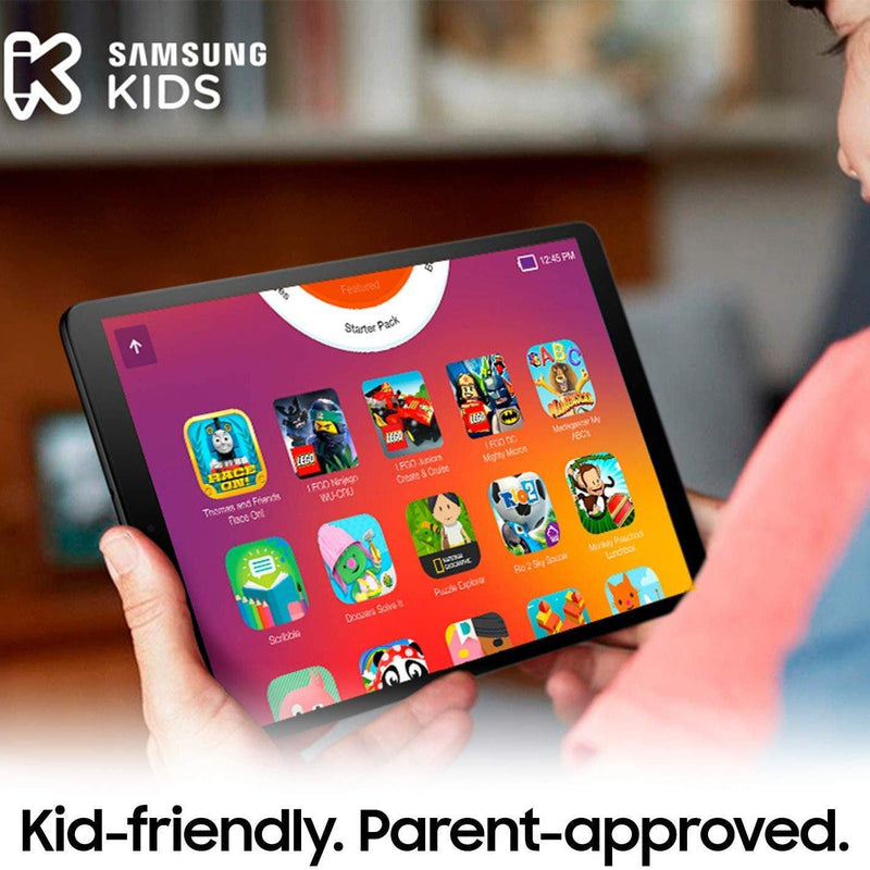A kid holing Samsung Galaxy Tab Wifi Tablet, open to games, "Kid-friendly. Parent-approved." text at bottom of screen