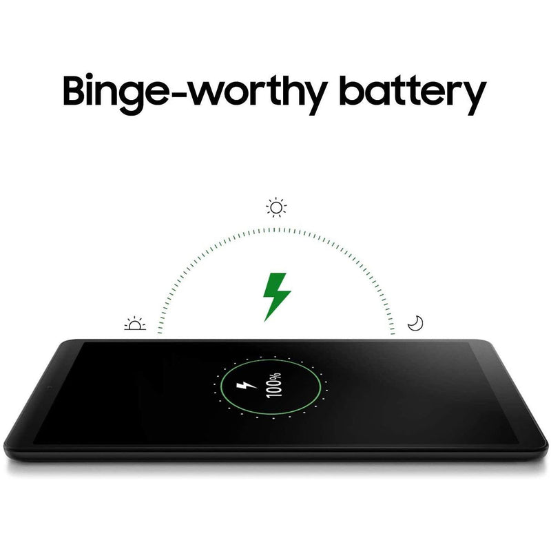Samsung Galaxy Tab Wifi Tablet lying flat, "Binge-worthy battery" text at top of screen