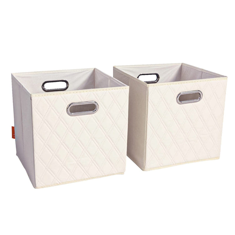 Set of 2: 11-13" Foldable Diamond Patterned Faux Leather Storage Cube Bins Closet & Storage Beige S - DailySale