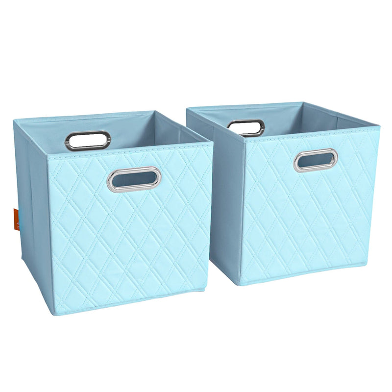 Set of 2: 11-13" Foldable Diamond Patterned Faux Leather Storage Cube Bins Closet & Storage Blue S - DailySale