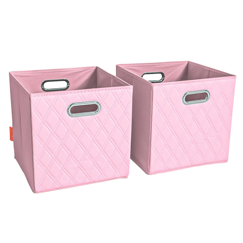 Set of 2: 11-13" Foldable Diamond Patterned Faux Leather Storage Cube Bins Closet & Storage Pink S - DailySale