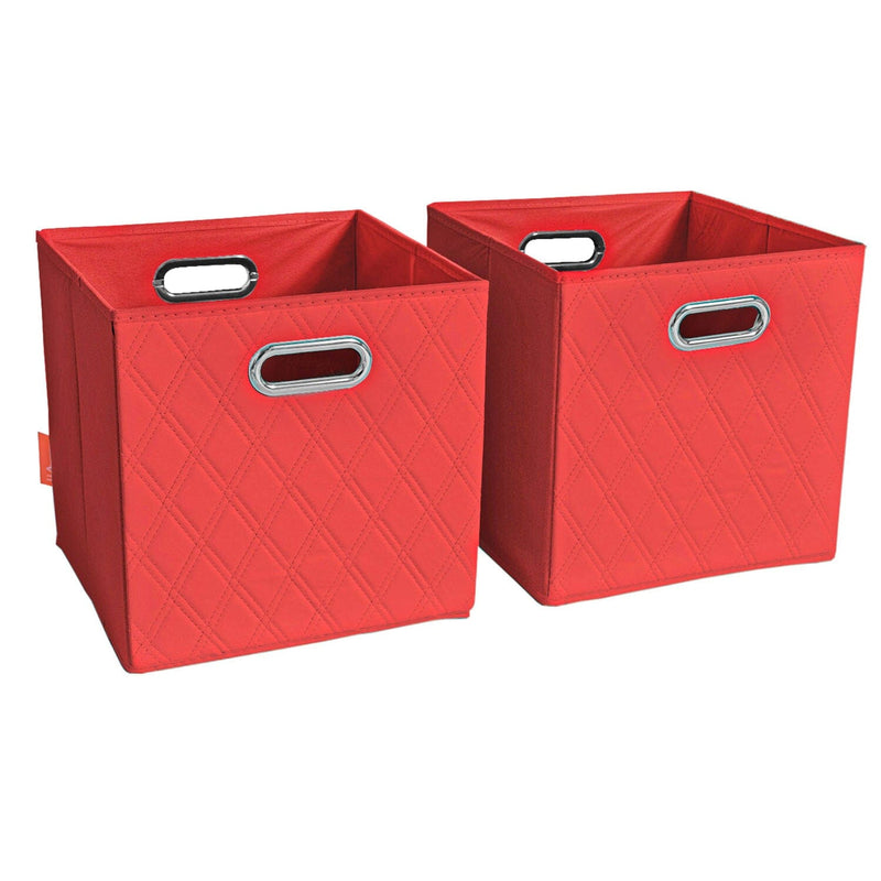 Set of 2: 11-13" Foldable Diamond Patterned Faux Leather Storage Cube Bins Closet & Storage Red S - DailySale