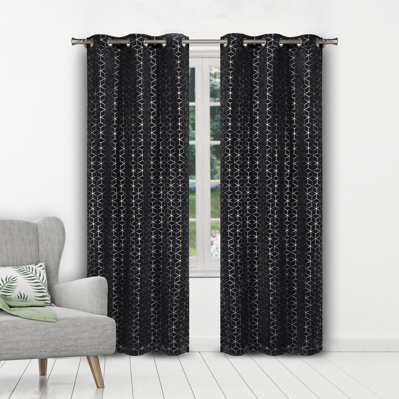 Set of 2: Geometric Print Blackout Grommet Curtain Pair Panel Furniture & Decor Black - DailySale