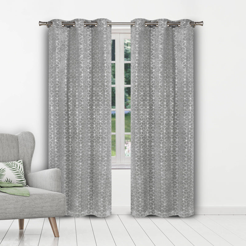 Set of 2: Geometric Print Blackout Grommet Curtain Pair Panel Furniture & Decor Silver - DailySale
