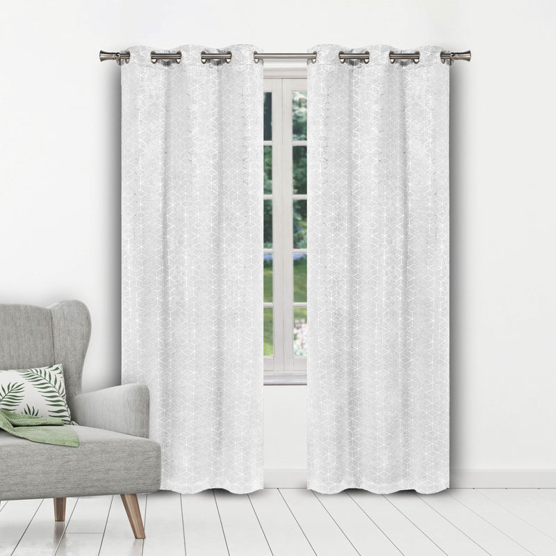 Set of 2: Geometric Print Blackout Grommet Curtain Pair Panel Furniture & Decor White - DailySale