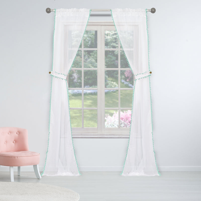 Set of 2: Pompom Semi-Sheer Window Curtain Pair Panel Furniture & Decor Aqua - DailySale