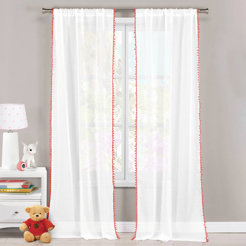 Set of 2: Pompom Semi-Sheer Window Curtain Pair Panel Furniture & Decor Coral - DailySale
