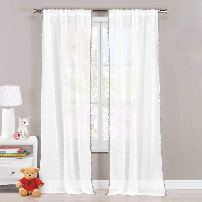Set of 2: Pompom Semi-Sheer Window Curtain Pair Panel Furniture & Decor Gray - DailySale
