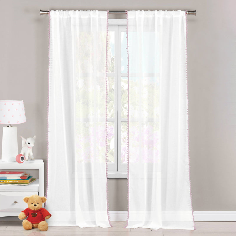 Set of 2: Pompom Semi-Sheer Window Curtain Pair Panel Furniture & Decor Lavender - DailySale