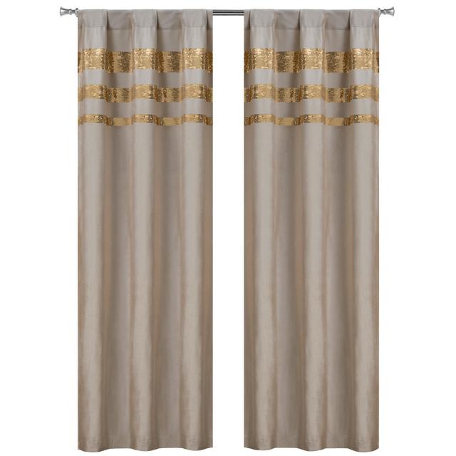 Set of 2: Velvet Metallic Stripe Border Blackout Window Curtain Pair Panel Furniture & Decor Gold - DailySale