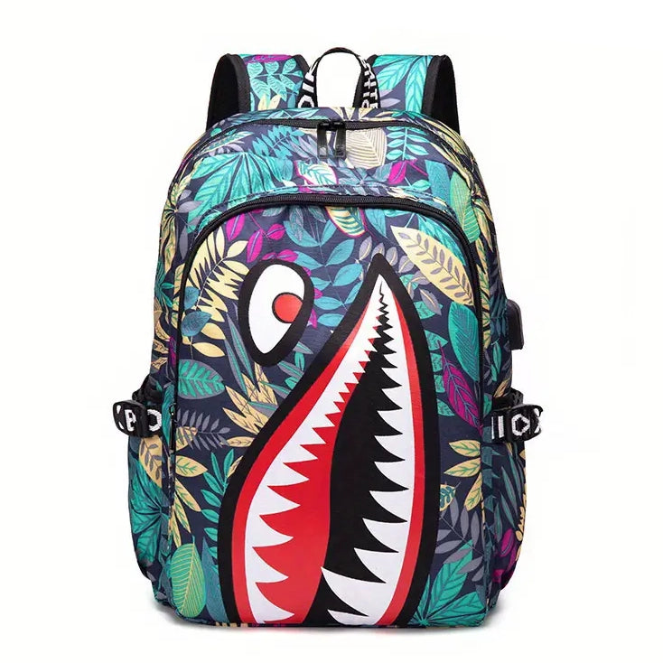 Shark Patterned Nylon Student Backpack Bags & Travel Blue Leaf Charging Version - DailySale