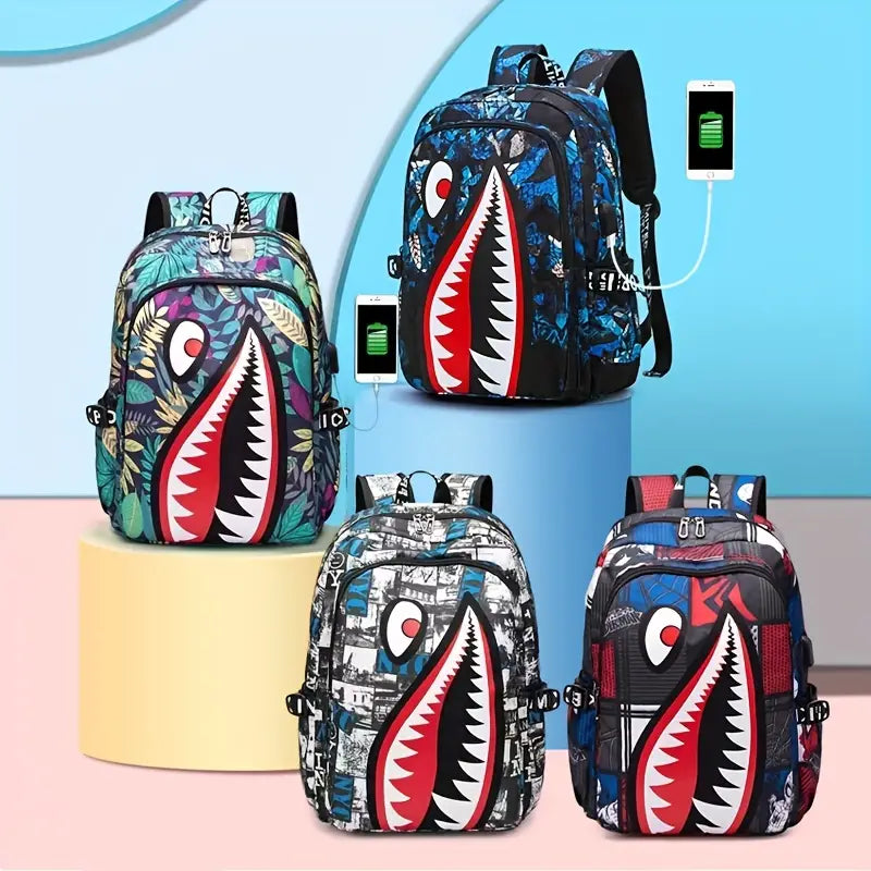 Shark Patterned Nylon Student Backpack Bags & Travel - DailySale