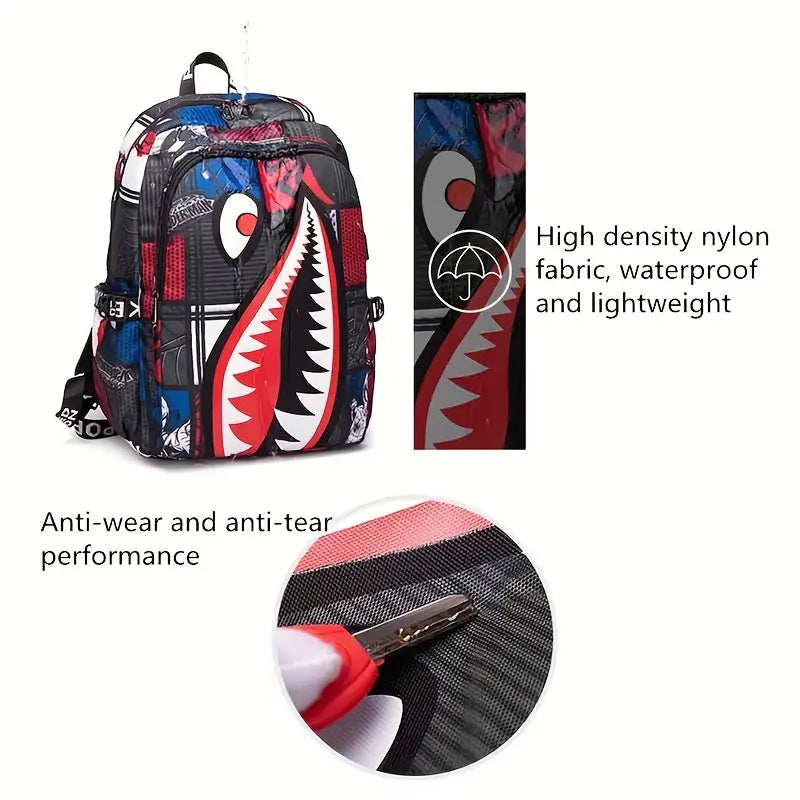 Shark Patterned Nylon Student Backpack Bags & Travel - DailySale