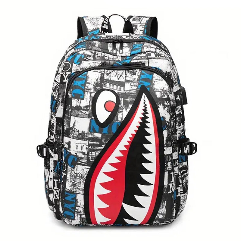 Shark Patterned Nylon Student Backpack Bags & Travel NYC Charging Version - DailySale
