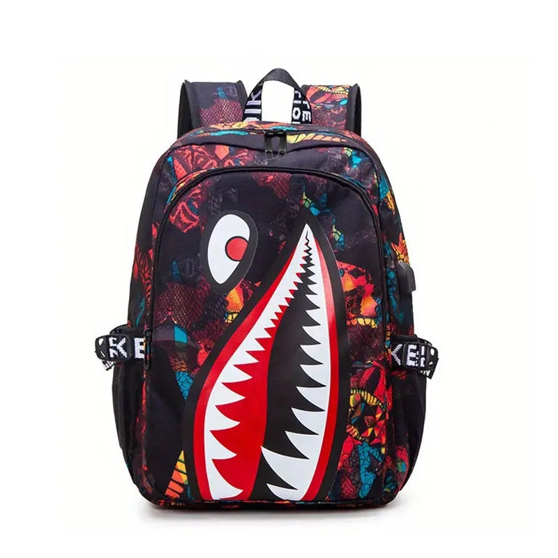 Shark Patterned Nylon Student Backpack Bags & Travel Printed Red Charging Plate - DailySale