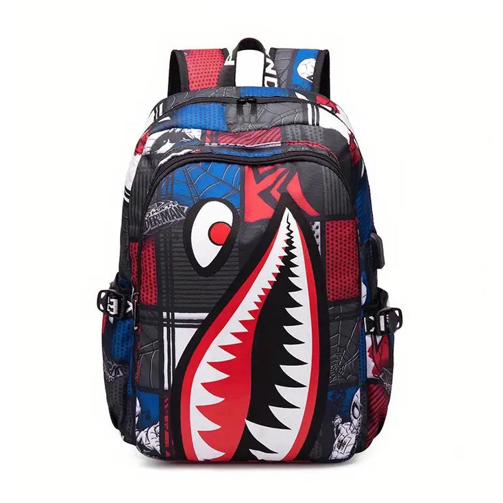 Shark Patterned Nylon Student Backpack Bags & Travel Starscream Charging Version - DailySale