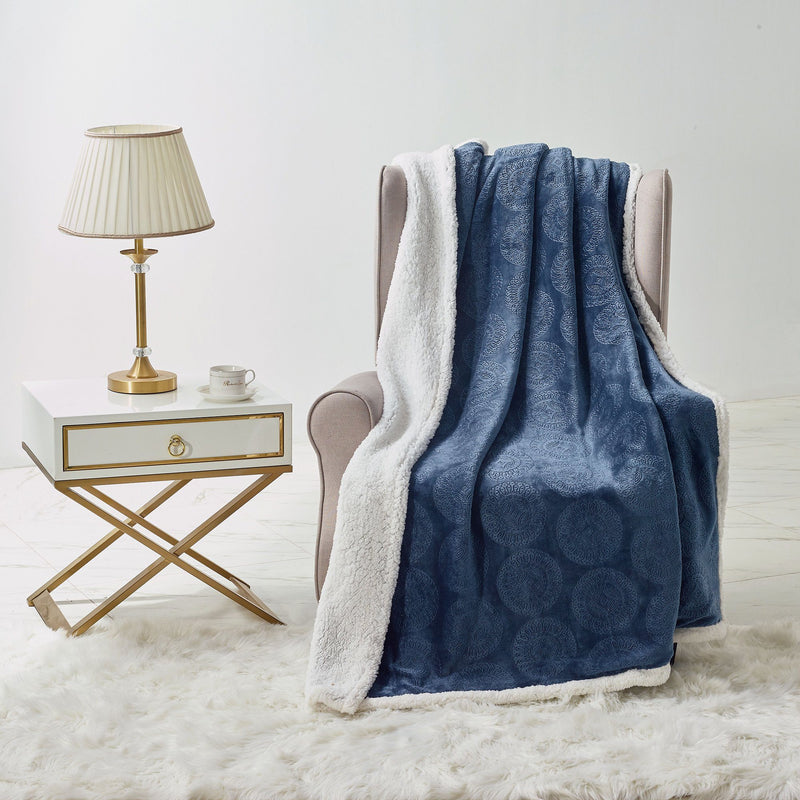 Sheradian Embossed Print Fleece/Caesar Sherpa Reversible Throw Blanket Bedding Blue - DailySale