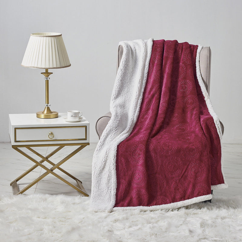 Sheradian Embossed Print Fleece/Caesar Sherpa Reversible Throw Blanket Bedding Burgundy - DailySale